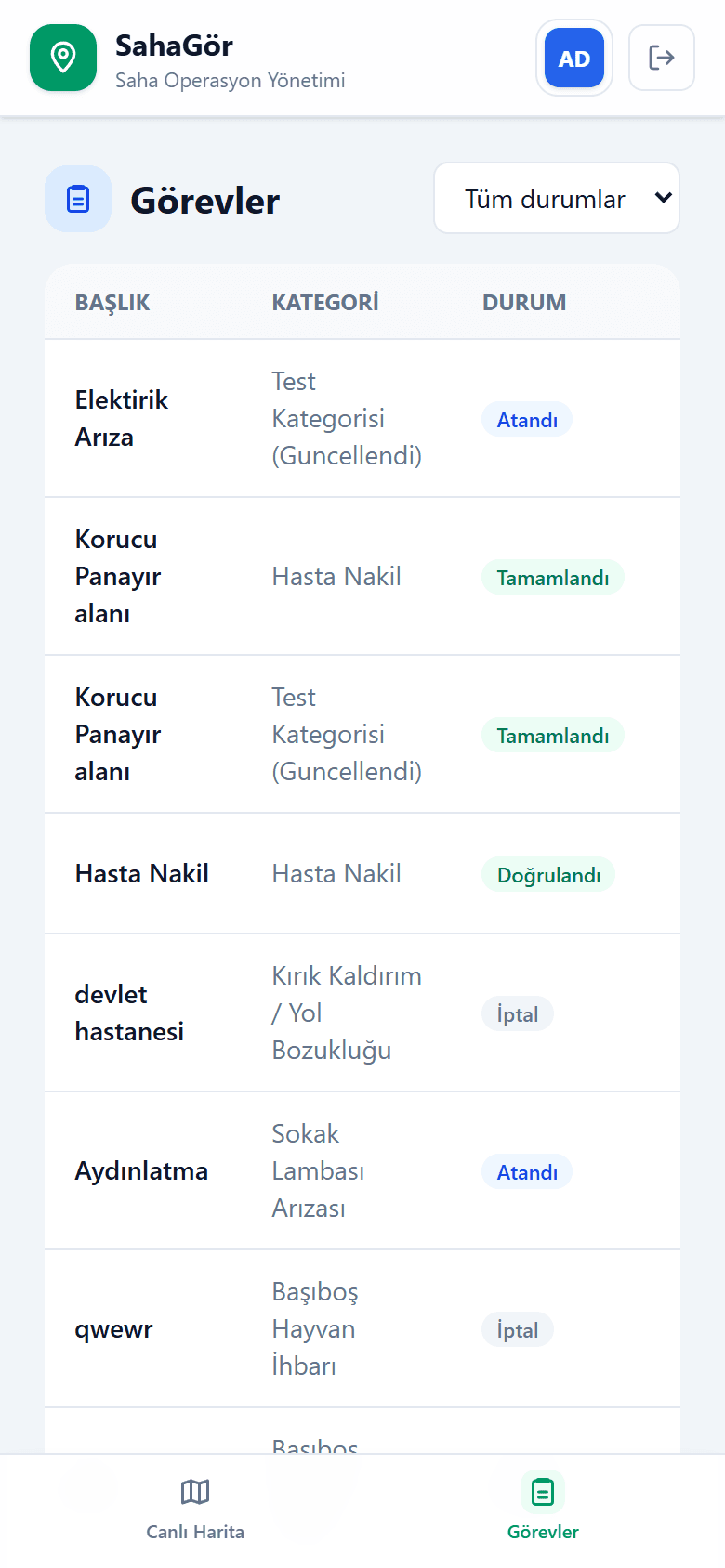SahaGör mobil uygulamasında saha personelinin görev listesi.